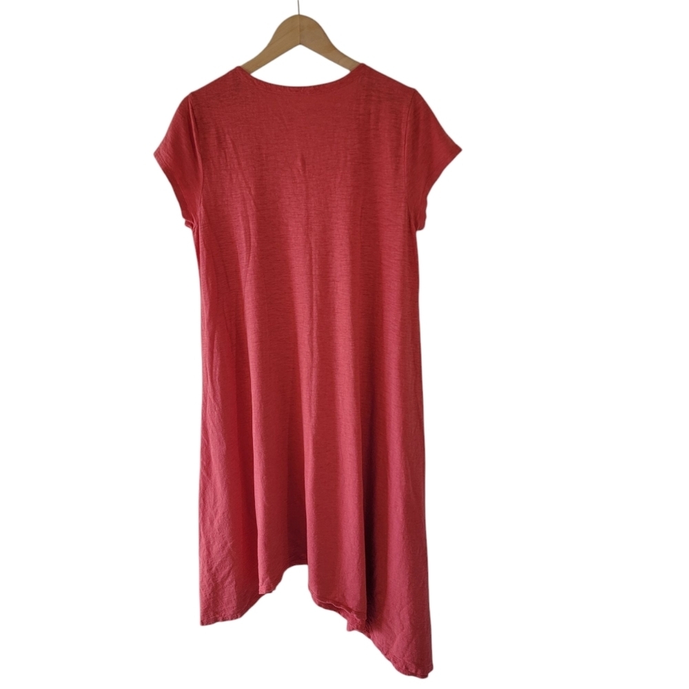 EILEEN FISHER Coral Organic Cotton Midi Dress Sz L Asymmetrical Minimalist - Picture 2 of 10